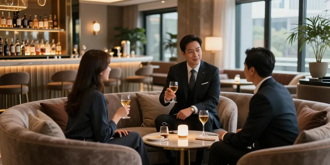 강남 블렌딩 쩜오의 고급스러운 라운지에서 매니저가 손님과 대화하는 모습