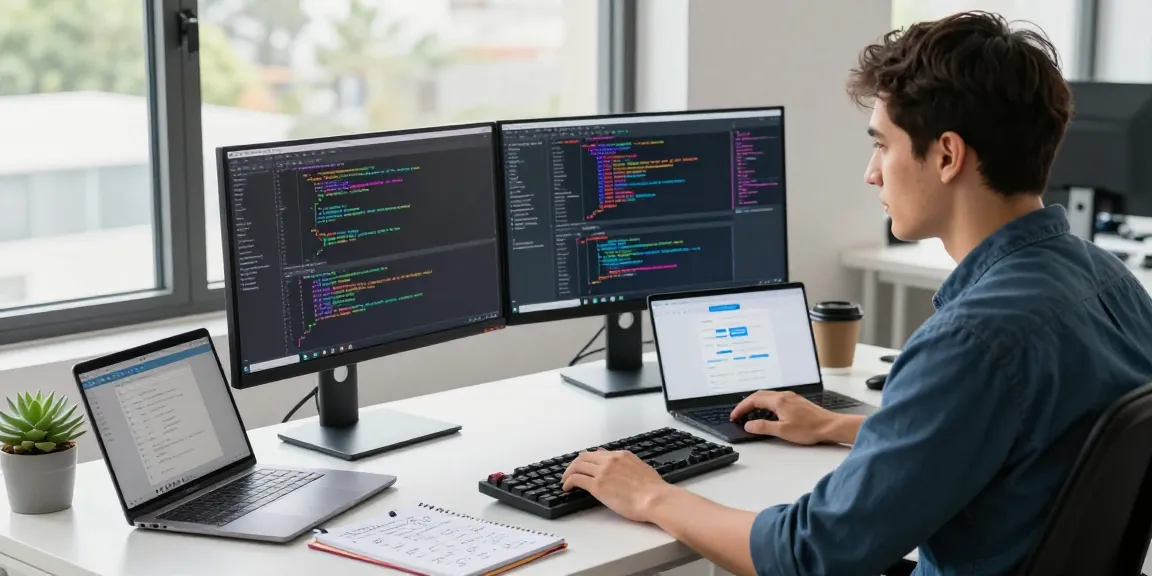 Young software developer coding in an innovative workspace with 纸飞机中文版 on the screen, showcasing productivity and collaboration.