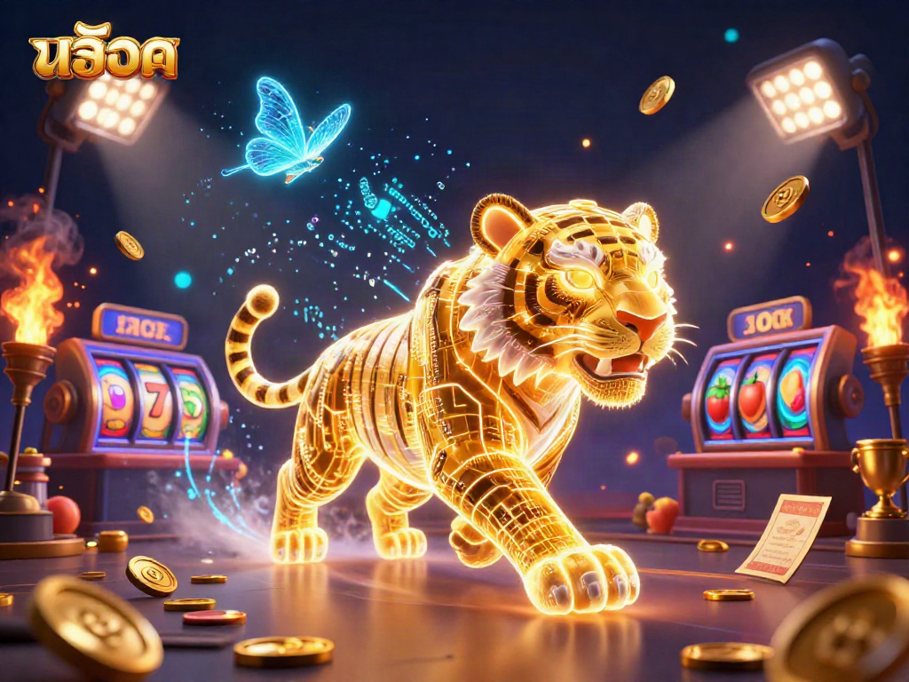 Experience thrilling สล็อต spins with a neon golden tiger and slot reels in an energetic casino scene.