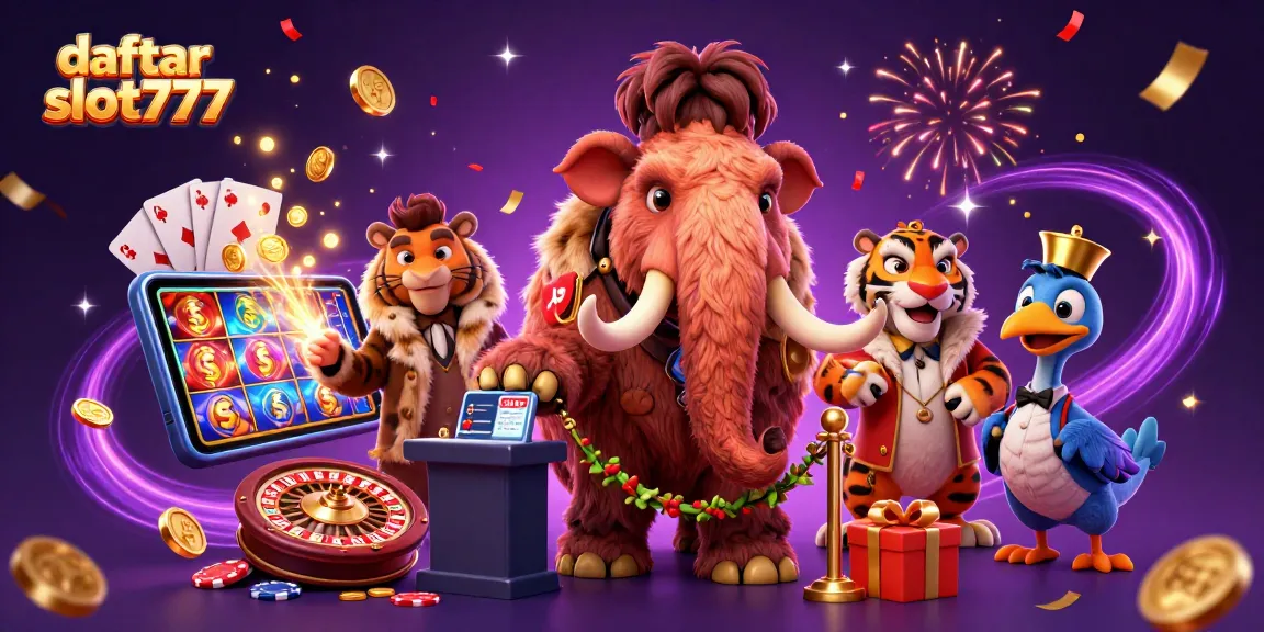 Experience the thrill of daftar slot777 with a vibrant casino scene featuring unique characters and games.