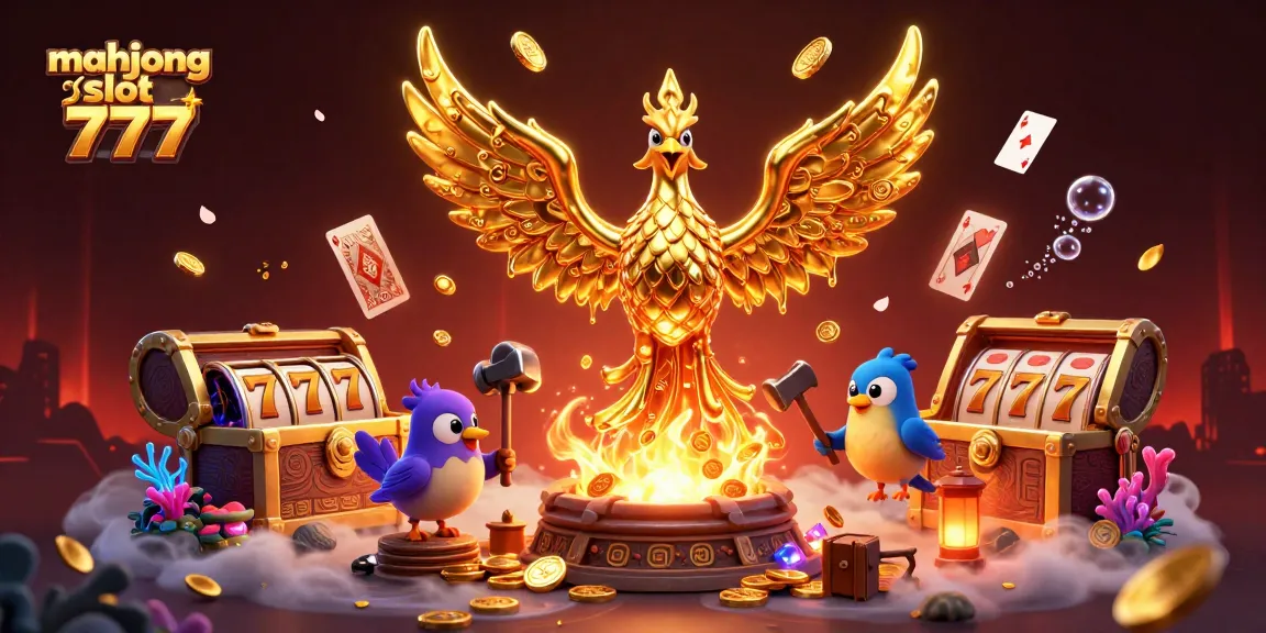 Play mahjong slot 777 with golden phoenix and immersive 3D casino elements in vibrant illustration.