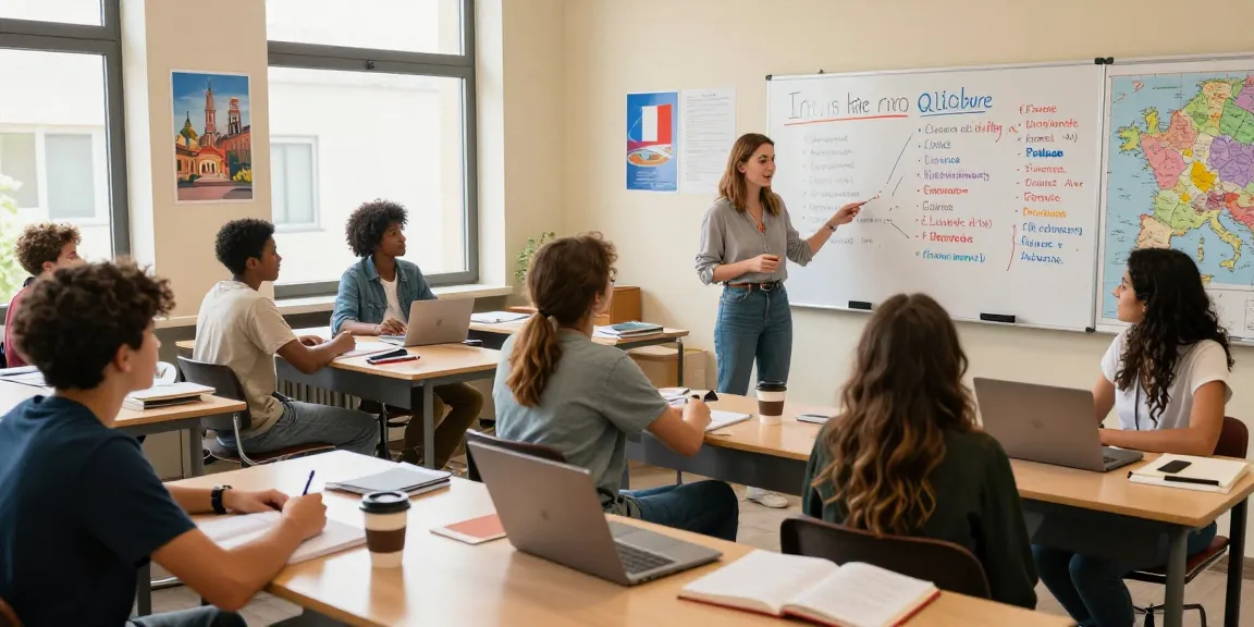 Coinvolgente scena di classe dei Corsi di francese in Francia con studenti che imparano il francese in un ambiente vivace.
