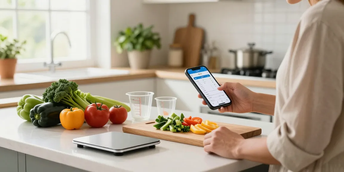 Person using best food tracking apps in a bright kitchen during meal prep.