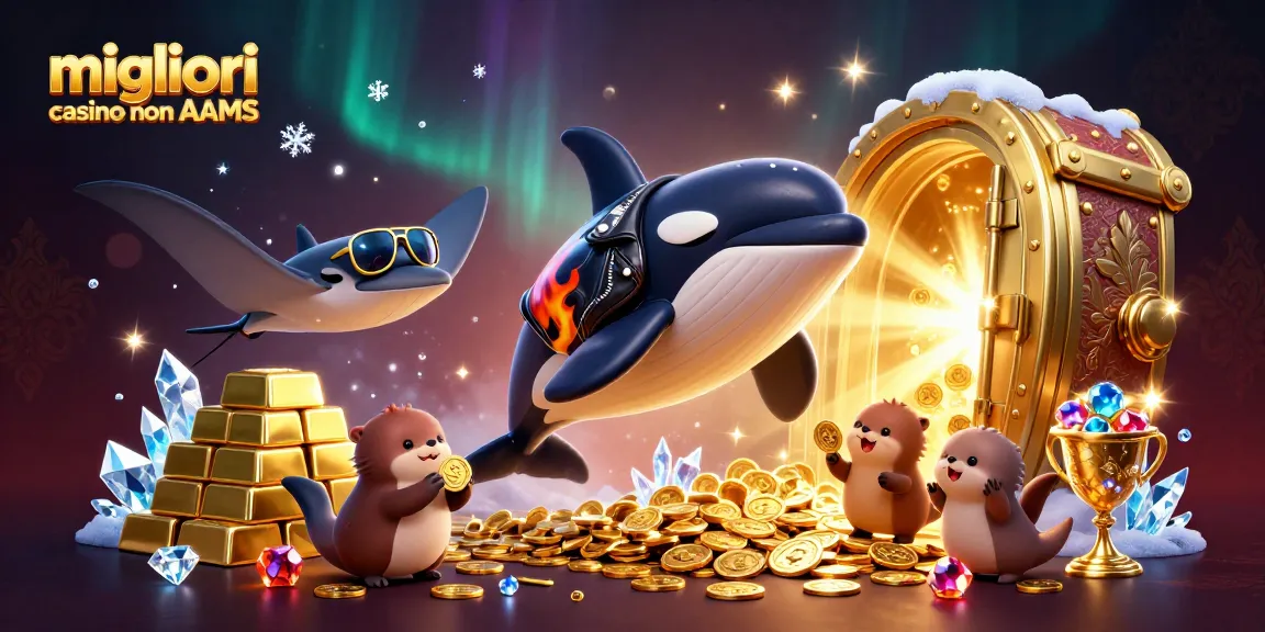 Scopri l'emozione con i migliori casino non AAMS, con un'orca in giacca da motociclista e castori giocosi in una scena di tesoro scintillante.