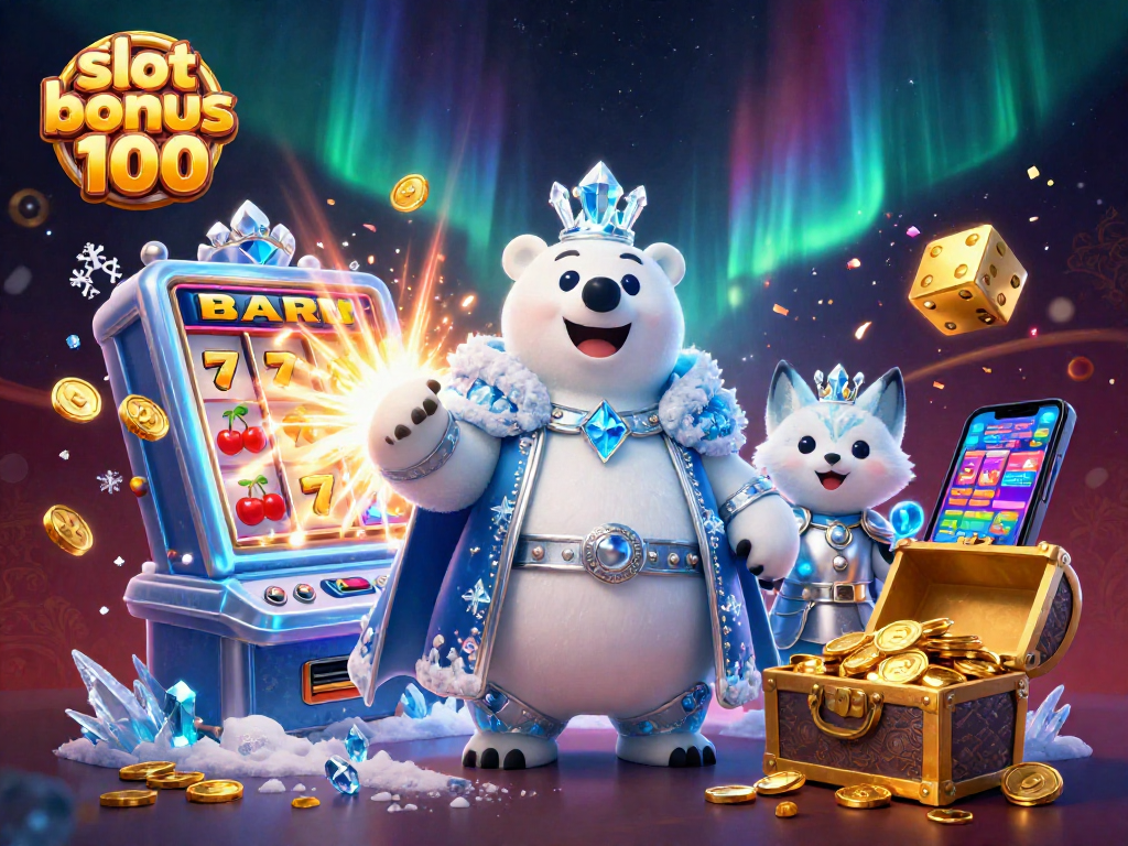 Experience thrilling gameplay with the slot bonus 100, featuring festive characters amid an explosion of casino elements.