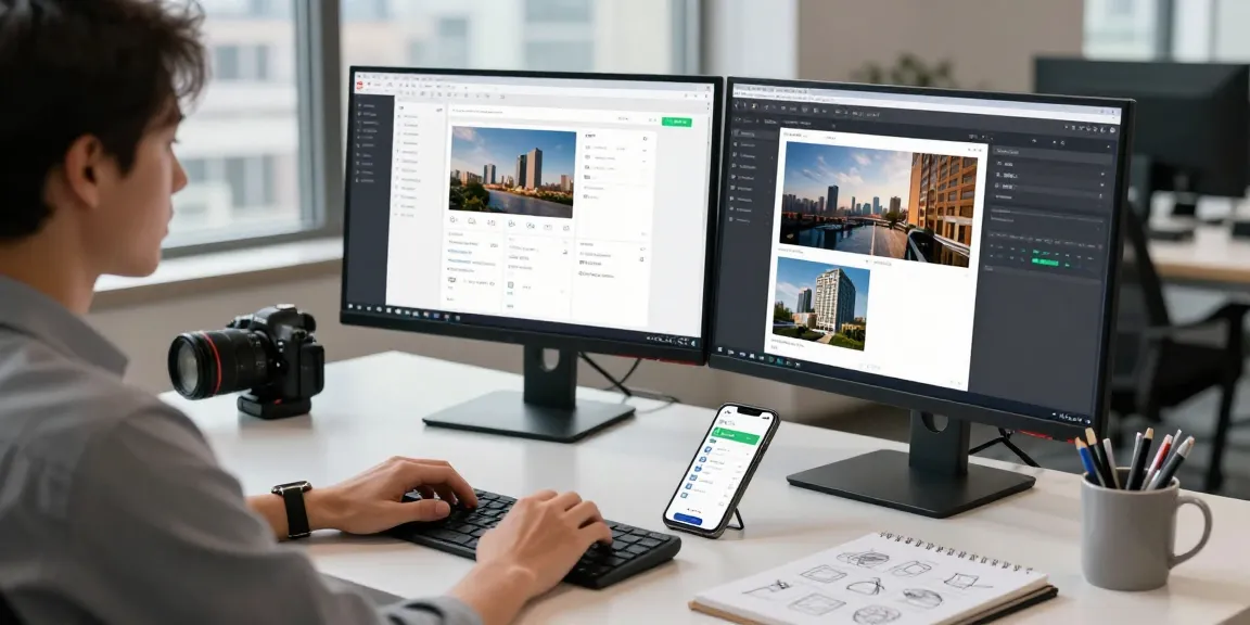 Professional using a free ai image detector at a modern workspace with dual monitors and bright ambient light.