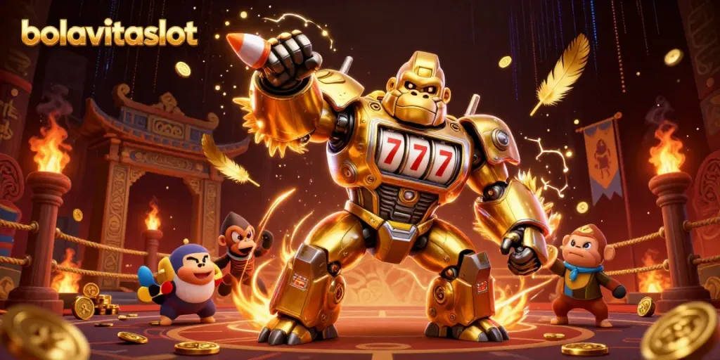 Experience energetic gaming action with bolavitaslot's vibrant 3D gorilla mech showcasing jackpots and excitement.