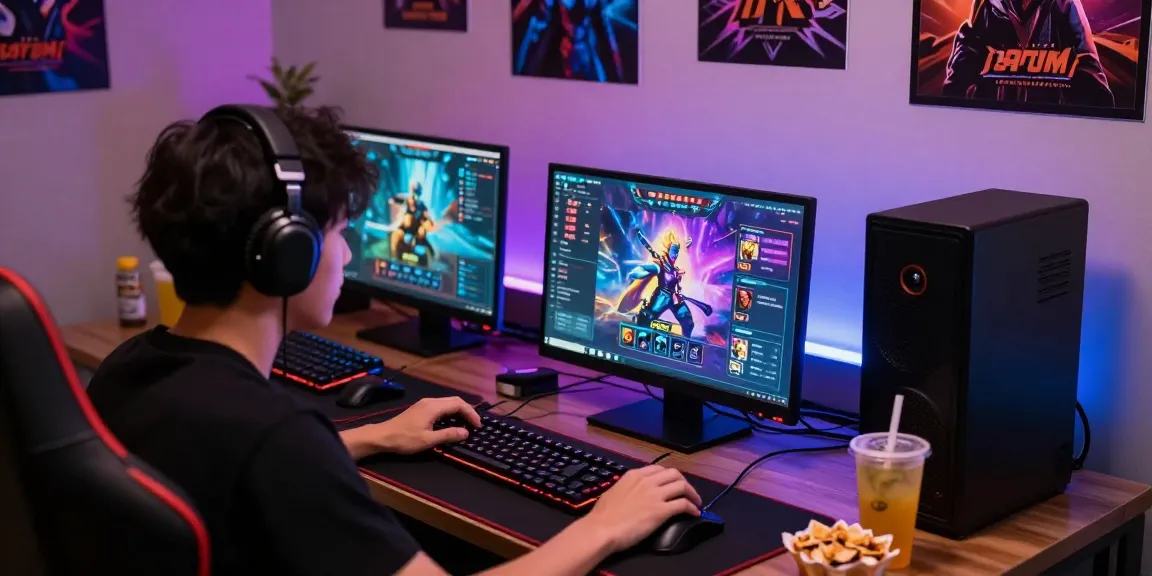Pengguna BATIK88 sedang bermain dengan antusias di laptop, dikelilingi grafik permainan yang menarik dan perlengkapan gaming.