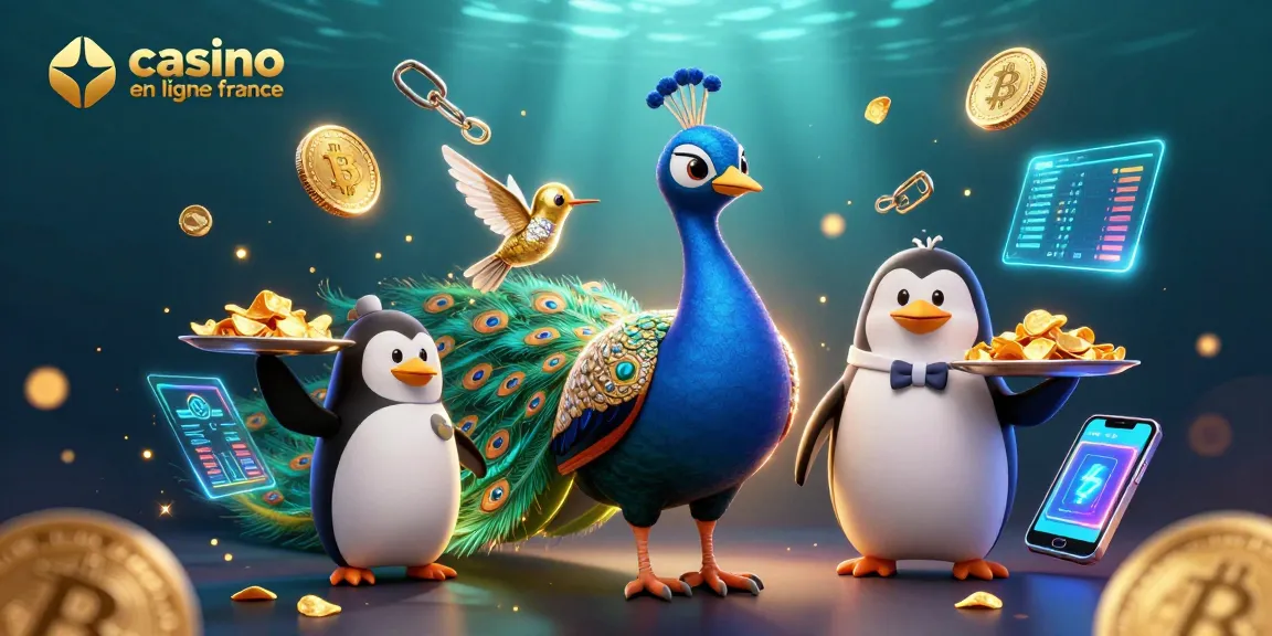 Découvrez le casino en ligne France avec une scène vibrante mettant en vedette un paon, un pingouin et un colibri entourés de pièces de crypto-monnaie.