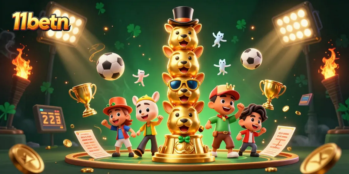 Engage with 11betn in an exciting 3D casino scene showcasing golden totem poles and dynamic sports elements.