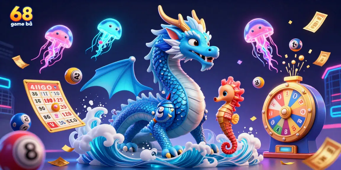 Experience action-packed fun with 68 game bài in a dazzling illustrated casino world featuring colorful elements.