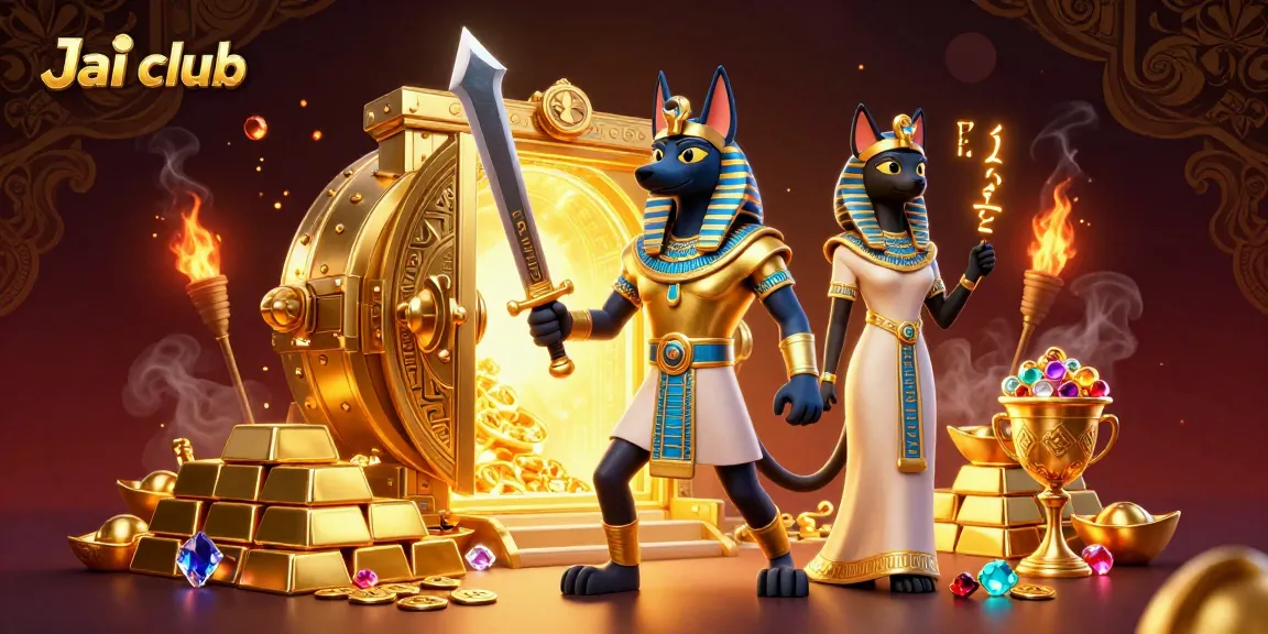 Experience thrilling gameplay at Jai club with Anubis and Bastet amidst treasures and glowing hieroglyphs.