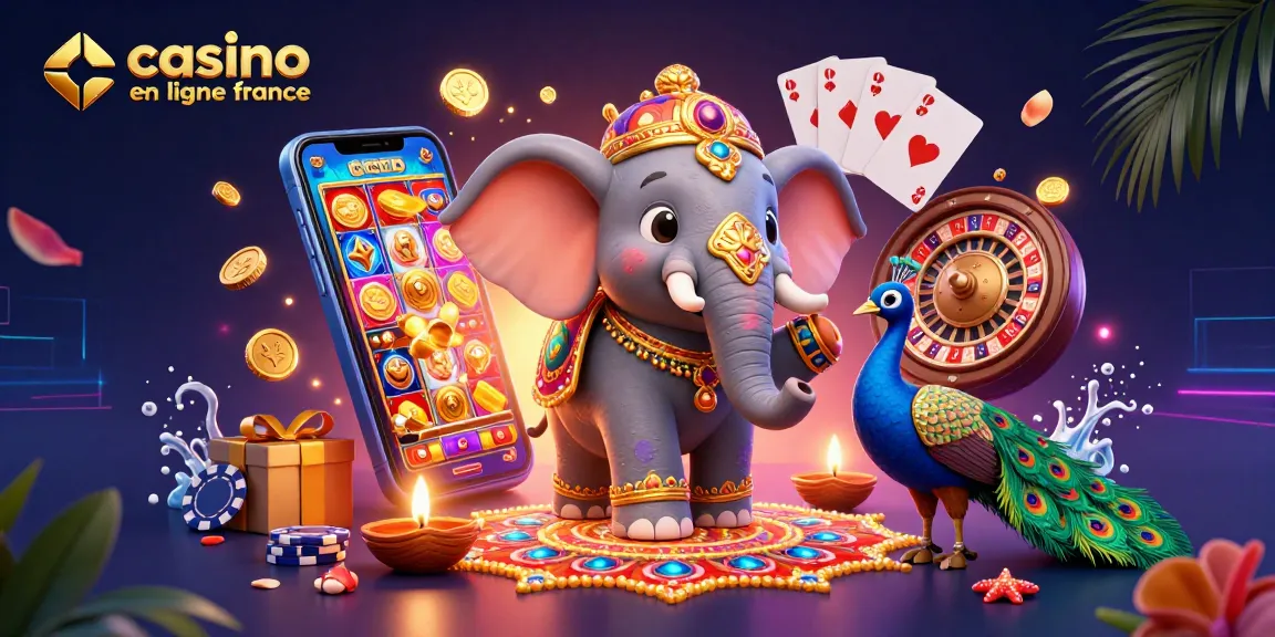 Jouez à des jeux captivants sur un casino en ligne France, avec une scène festive incluant un éléphant et un paon.