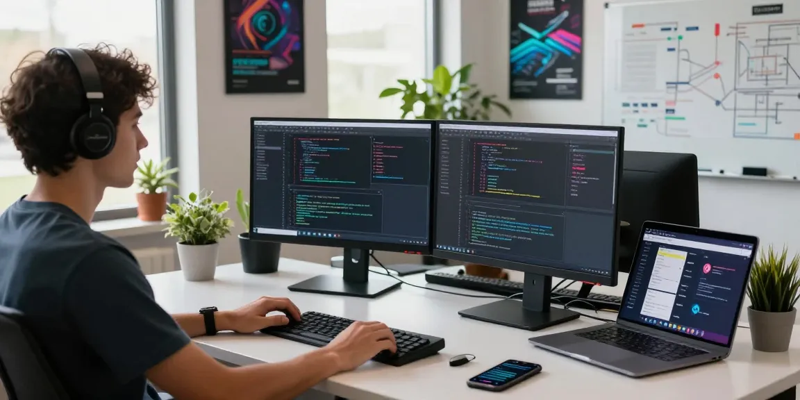 Engaging raja328 login setup in a modern tech workspace with developer coding on dual monitors.