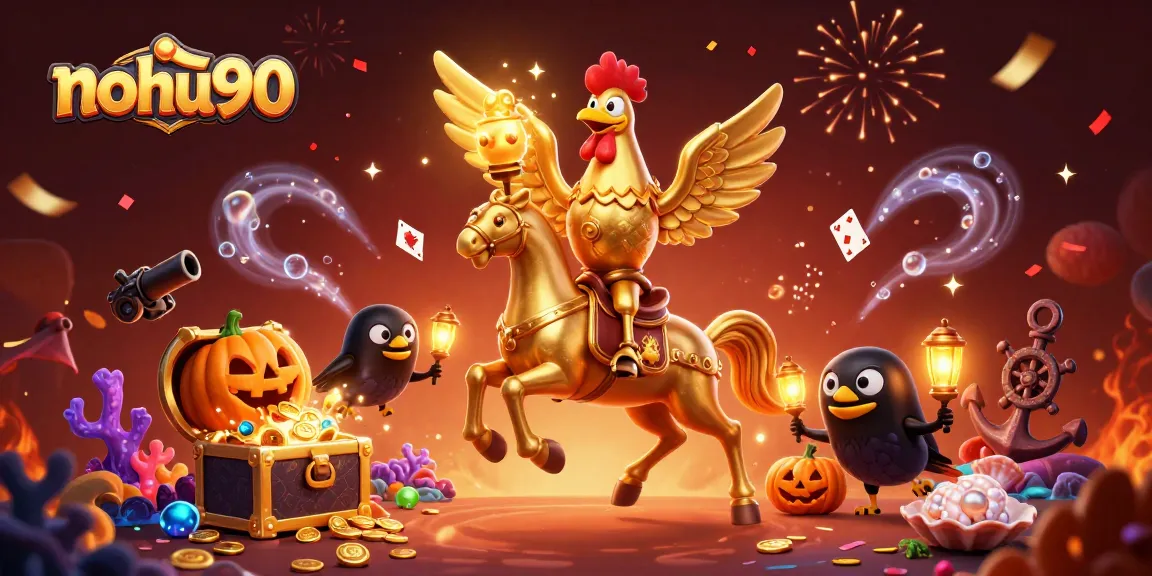 Nohu90 offers vibrant 3D casino art with a golden rooster riding a spectral horse amidst gold coins and cards.