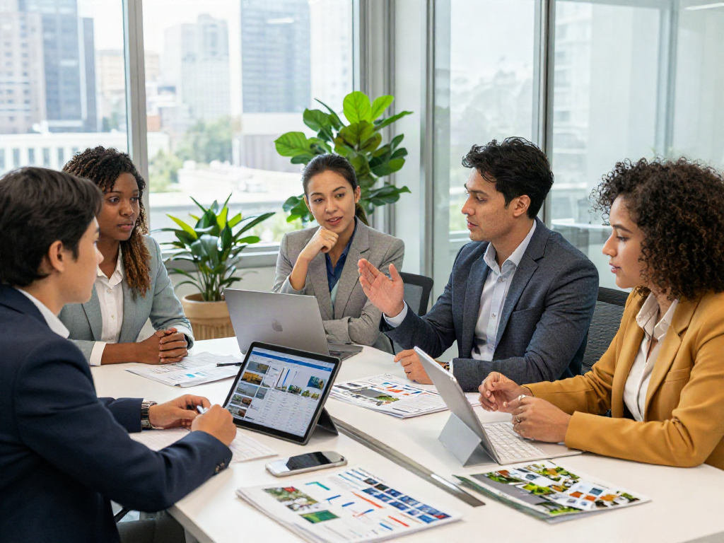 Professional team discussing depo 10k real estate strategies in a bright office