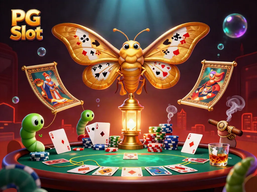 Engage in PG Slot gaming with vibrant casino elements and a mystical moth illustration.