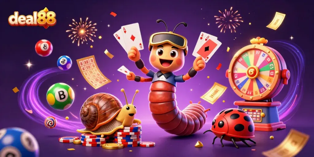 Win big with deal88 in a vibrant, colorful casino scene filled with excitement and dynamic gaming elements.