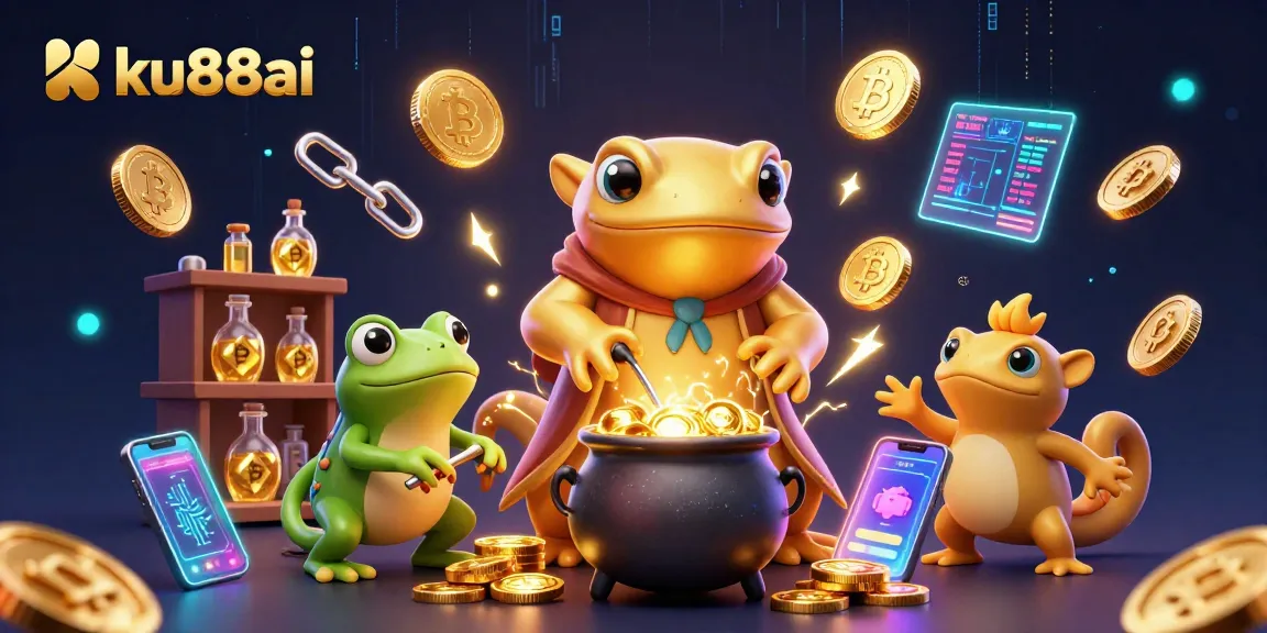 ku88ai showcases a vibrant 3D casino scene with a golden salamander alchemist and crypto elements.