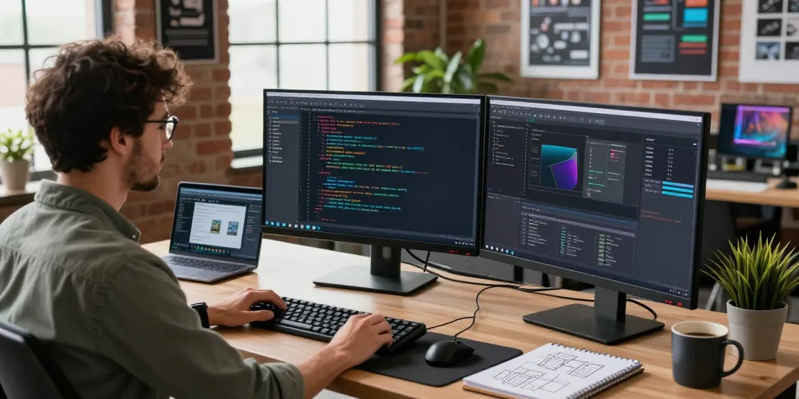 Programmer at telegraimin.com workspace with dual monitors and coding setup.
