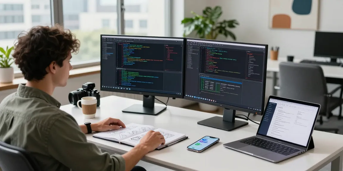 Developer coding in a modern workspace, showcasing the features of 纸飞机中文版.