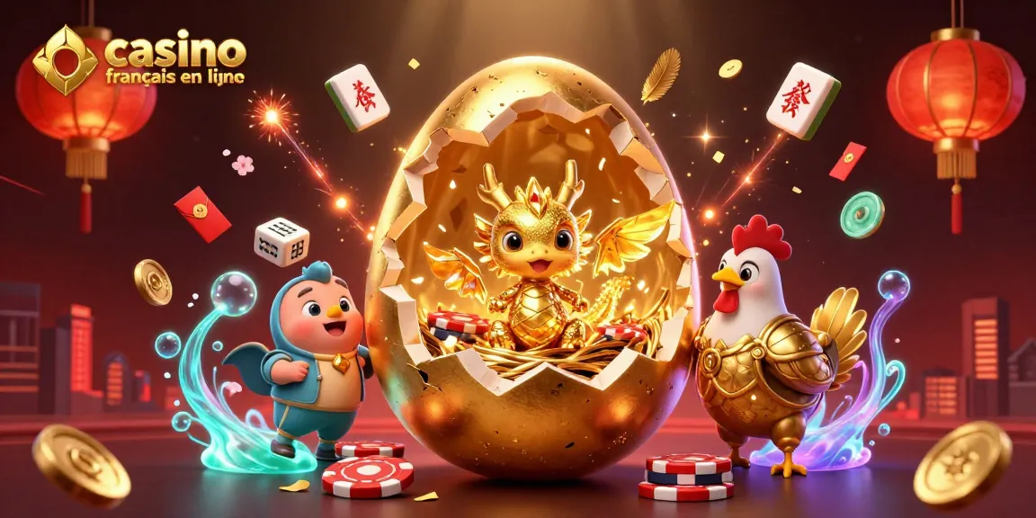 Gagnez avec le casino français en ligne : impressionnante illustration 3D de dragon doré entouré de jetons et de lanternes.