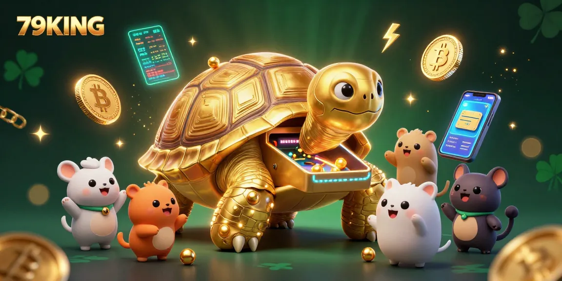Engage with 79KING's colossal golden tortoise as players enjoy its pinball shell in this exciting casino scene.