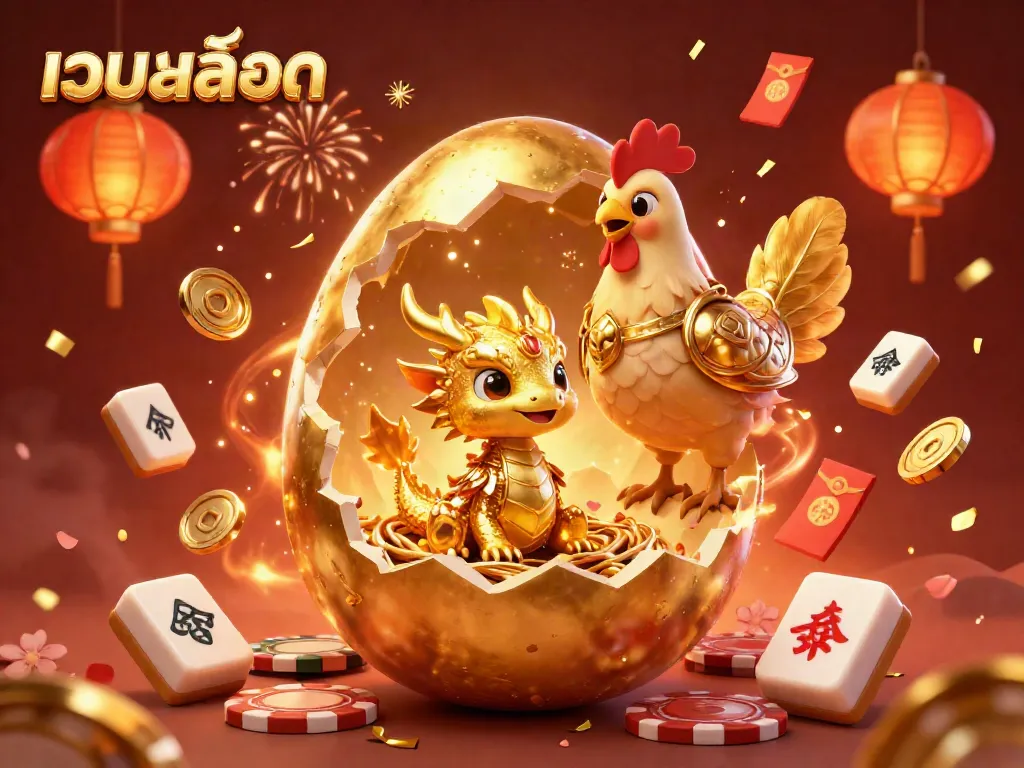 Engage in เว็บสล็อต gaming with a dynamic scene of a golden dragon and poker chips, illuminated by festive elements.