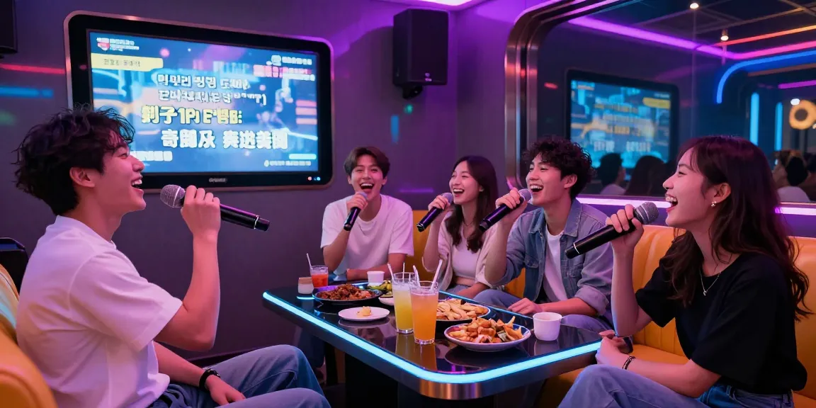 Friends enjoying 강남노래방 karaoke experience with colorful lights and drinks.