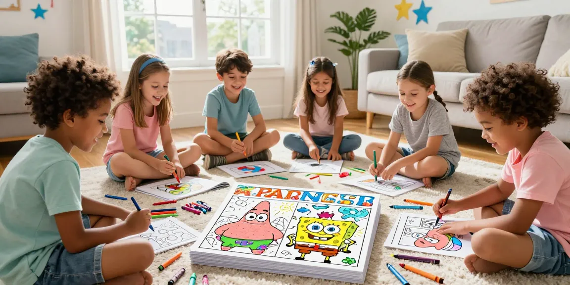 Kids enjoying seasonal coloring pages of Patrick Star, creating fun art together in a bright living space with colorful supplies.