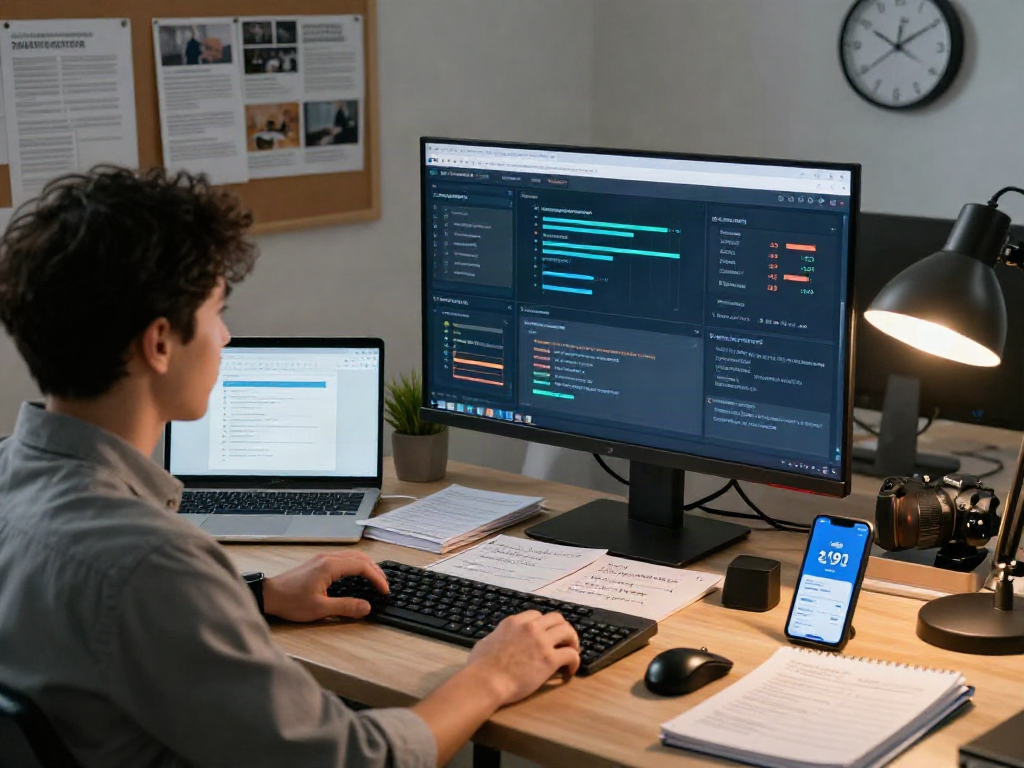 Data analyst engaging with document fraud detection software in a cybersecurity workspace, analyzing alerts and trends.