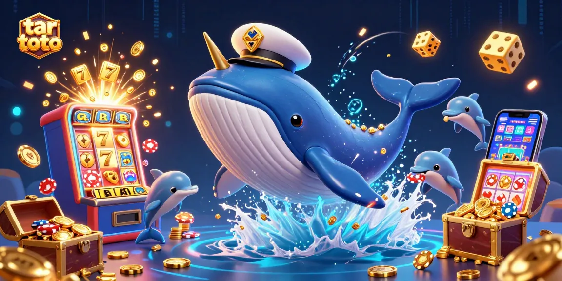 Experience thrilling wins with tar toto as a cartoon whale and friends celebrate jackpots amidst a sea of coins.