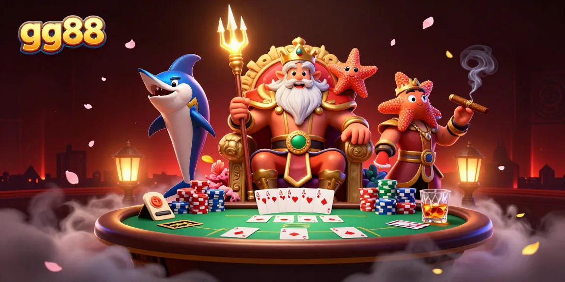 Engage in thrilling moments at gg88 with Neptune and poker elements in a vibrant casino scene.