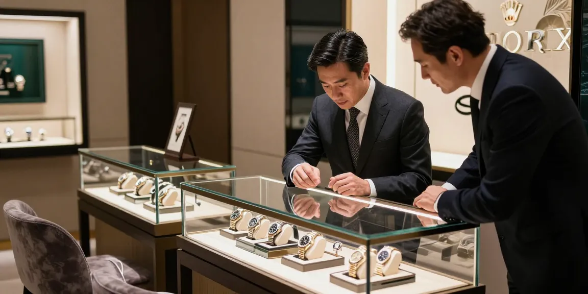 Man admiring rolex super clone watches in a luxury boutique.