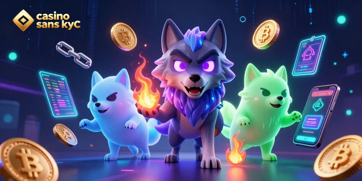 Jouez anonymement dans un casino crypto sans KYC avec une illustration captivante des personnages.