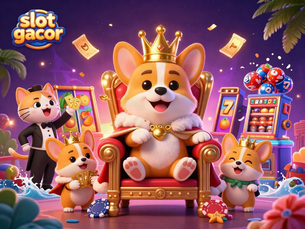 Menangkan slot gacor dengan ilustrasi corgi kerajaan dan elemen kasino yang kaya.