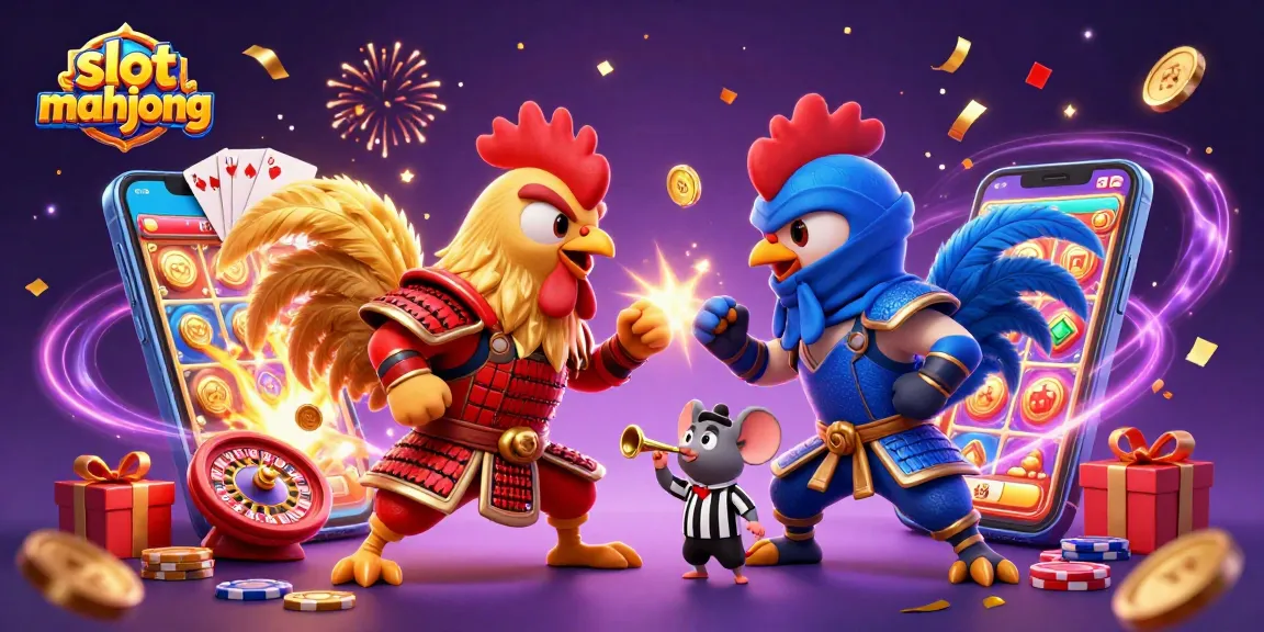 Engage with slot mahjong excitement featuring roosters, vibrant casino game elements, and dynamic action.