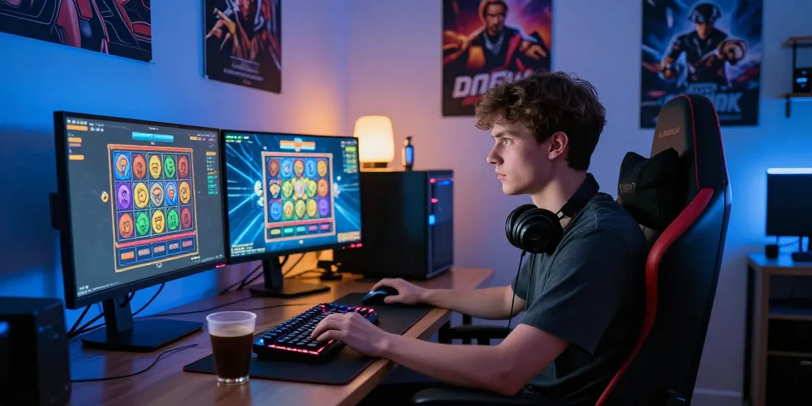 Engaged gamer exploring situs slot88 in a vibrant home office setting.