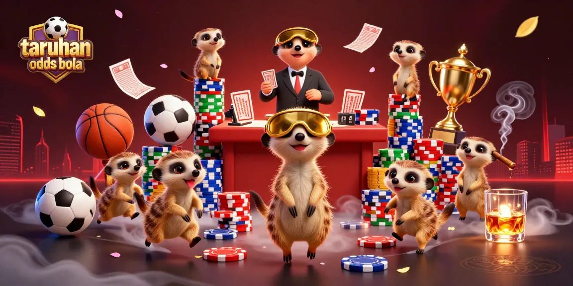 Place bets on taruhan odds bola with a dynamic meerkat casino scene featuring colorful sports elements.