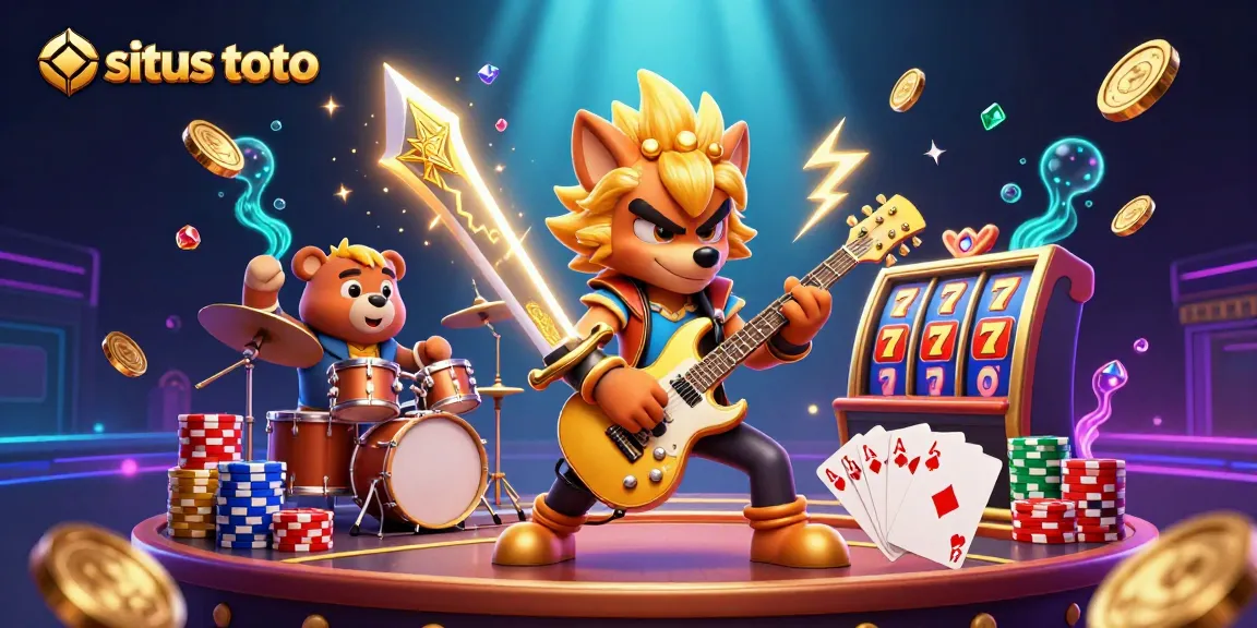 Situs toto facilitates thrilling gambling with 3D animated characters amidst vibrant casino elements.