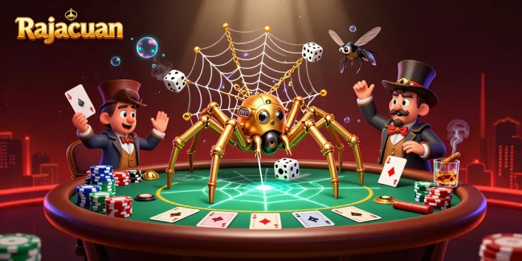 Rajacuan players strategizing around a vibrant poker scene with engaging characters and dynamic casino elements.