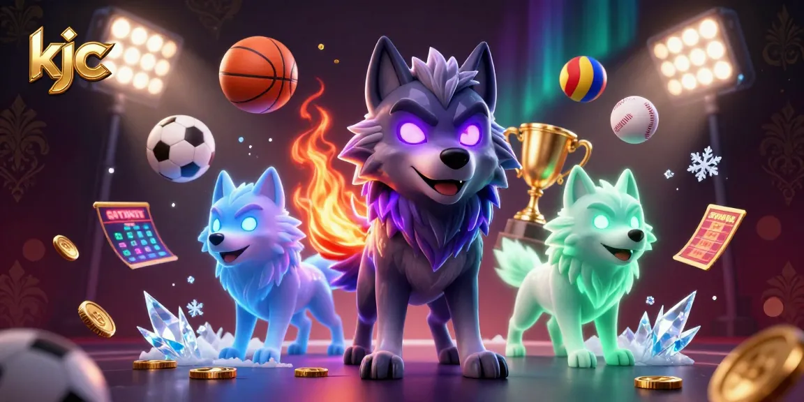 KJC promotes winning opportunities in dynamic online gambling with 3D wolf characters amidst sports betting elements.