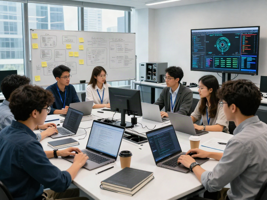 Team brainstorming AI Detection innovations in a modern lab.