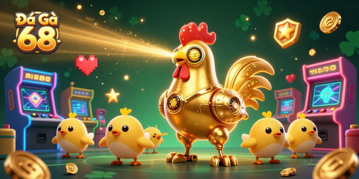 Engage with Đá Gà 68's thrilling cockfight as golden rooster robot dazzles with light.