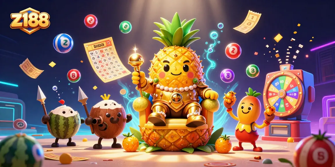 Engage with z188's vibrant casino scene showcasing the golden pineapple king among thrilling game elements.
