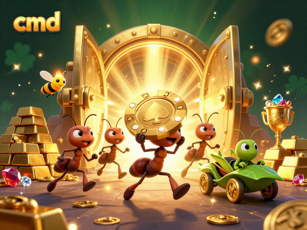 Join cmd's heist as ants carry a giant poker chip amidst dazzling casino treasures.