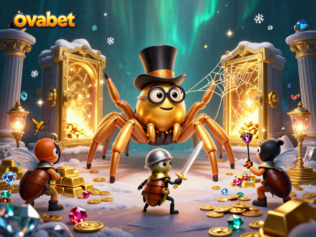 Engage with ovabet's vibrant casino world as a golden tarantula weaves gold amidst gems and treasures.