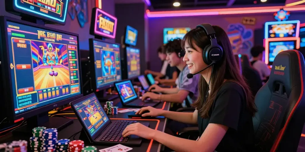 Pengguna Situs PG bermain permainan slot online dengan tema kasino yang ceria dan interaktif.