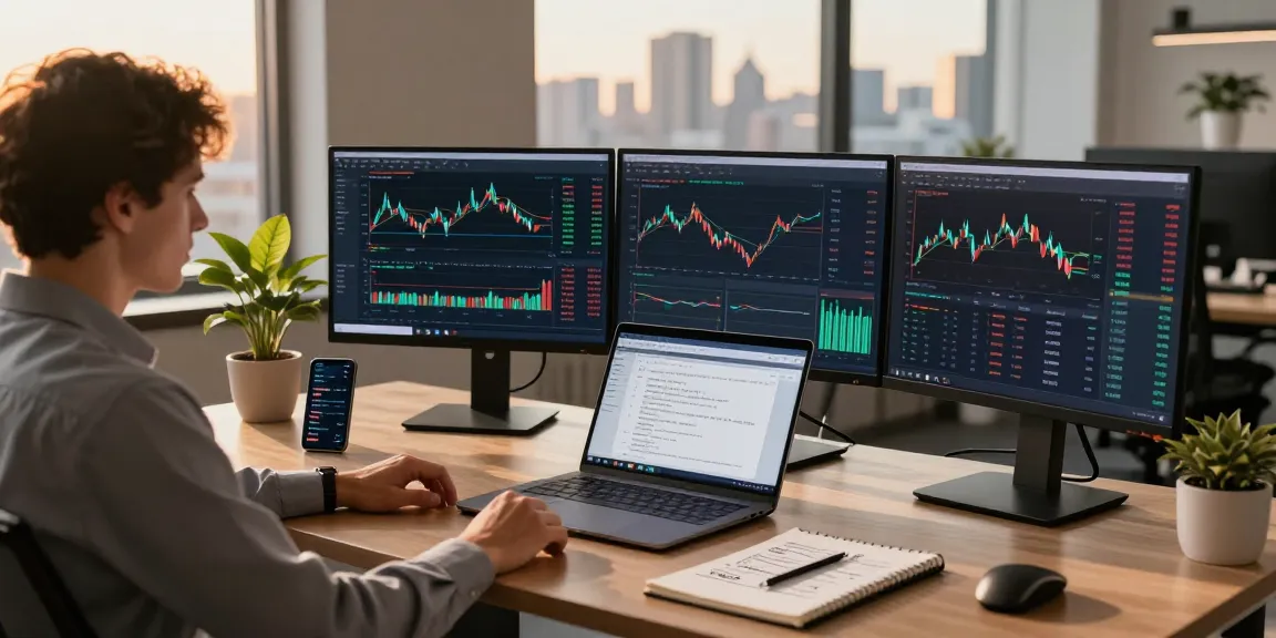 Financial analyst at a desk utilizing NAGA2000 trading software with city skyline view