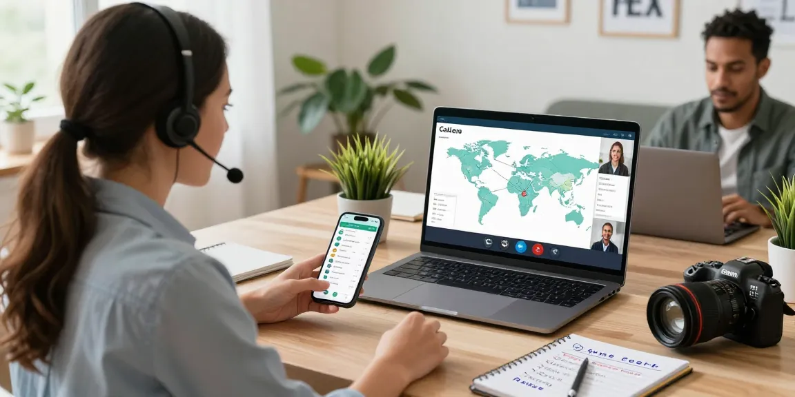 Appels internationaux discutés dans un bureau moderne avec des professionnels connectés.